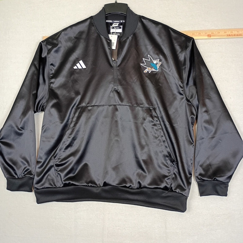 Adidas NHL San‎ Jose Sharks Quarter Zip Satin Bomber Jacket Black IT8999 2XL NWT - Picture 9 of 16